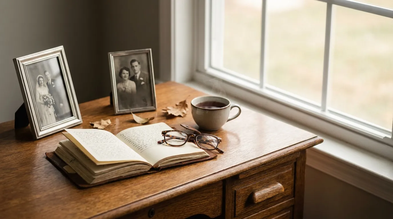 An open notebook, reading glasses and old family photographs on a wooden desk