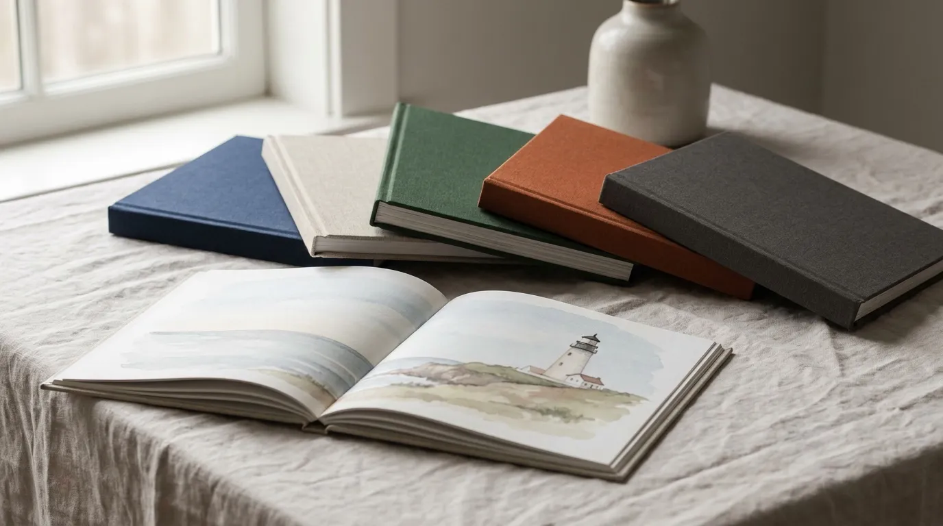 Five cloth-bound hardcovers in different colours on a linen table, with a picture book open in front