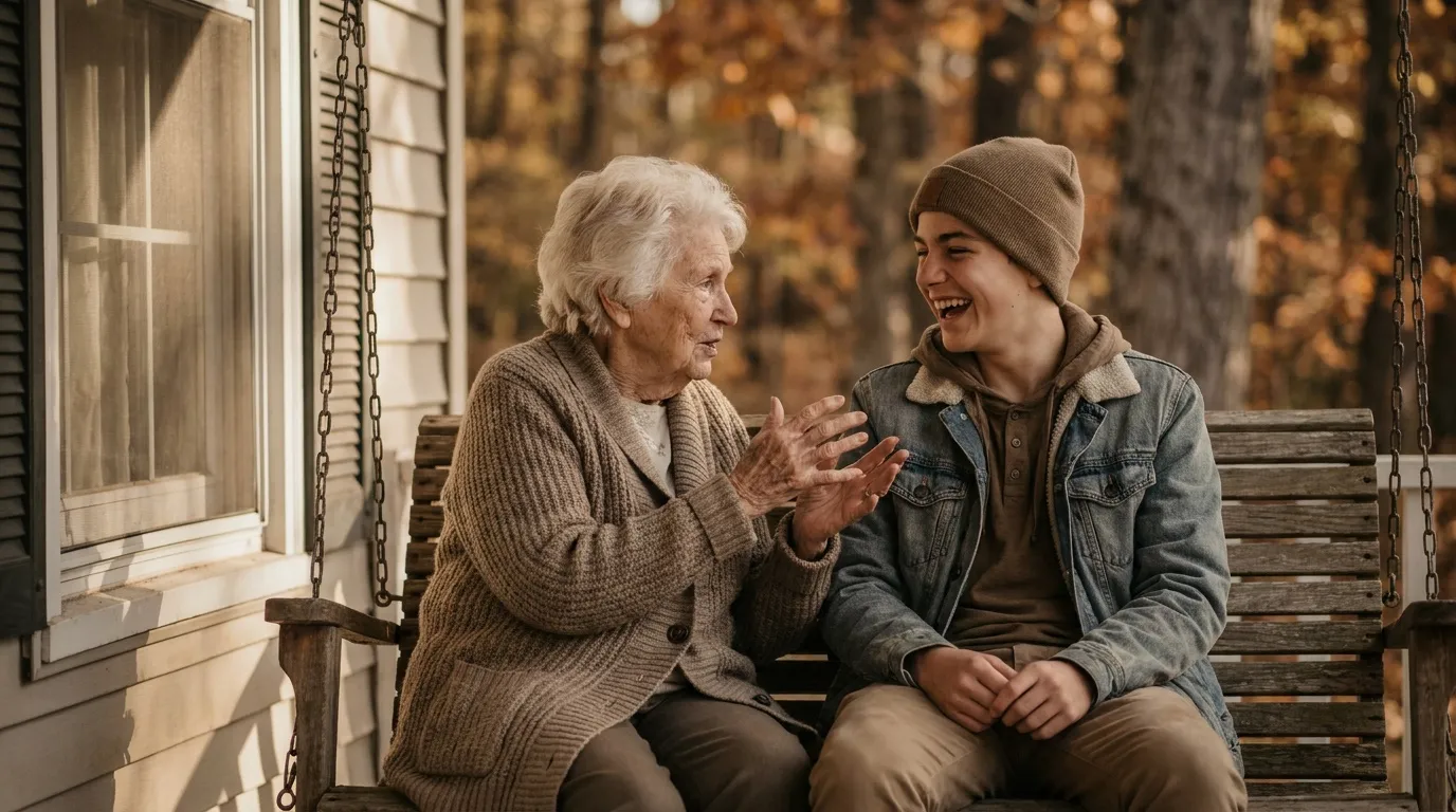 A grandmother telling a story on a porch swing while her teenage grandson laughs