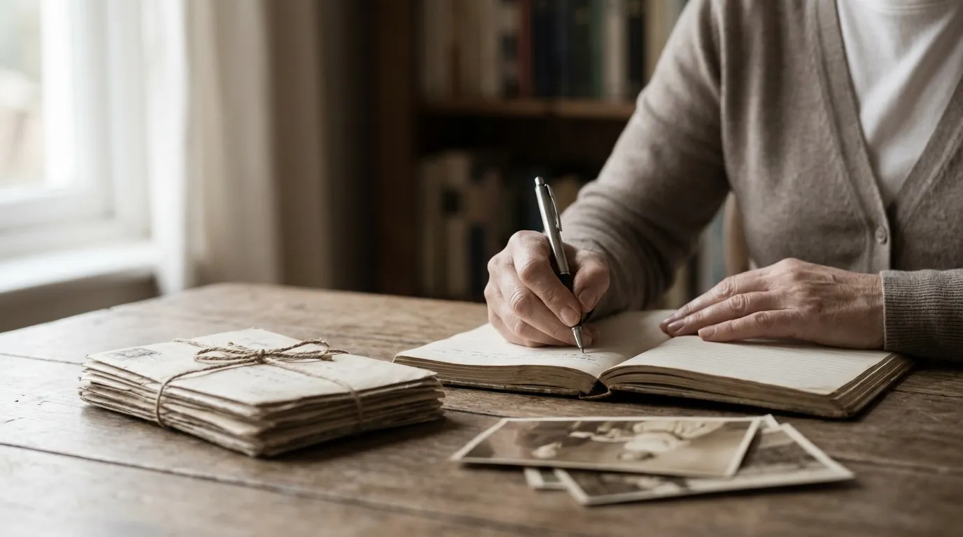 An older woman's hands writing in a notebook beside a bundle of old letters and photographs