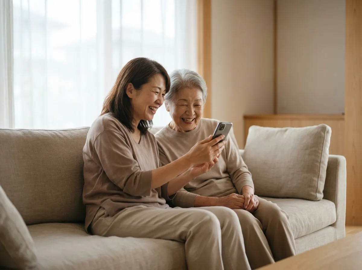 A daughter and her mother laughing at a recording on a phone