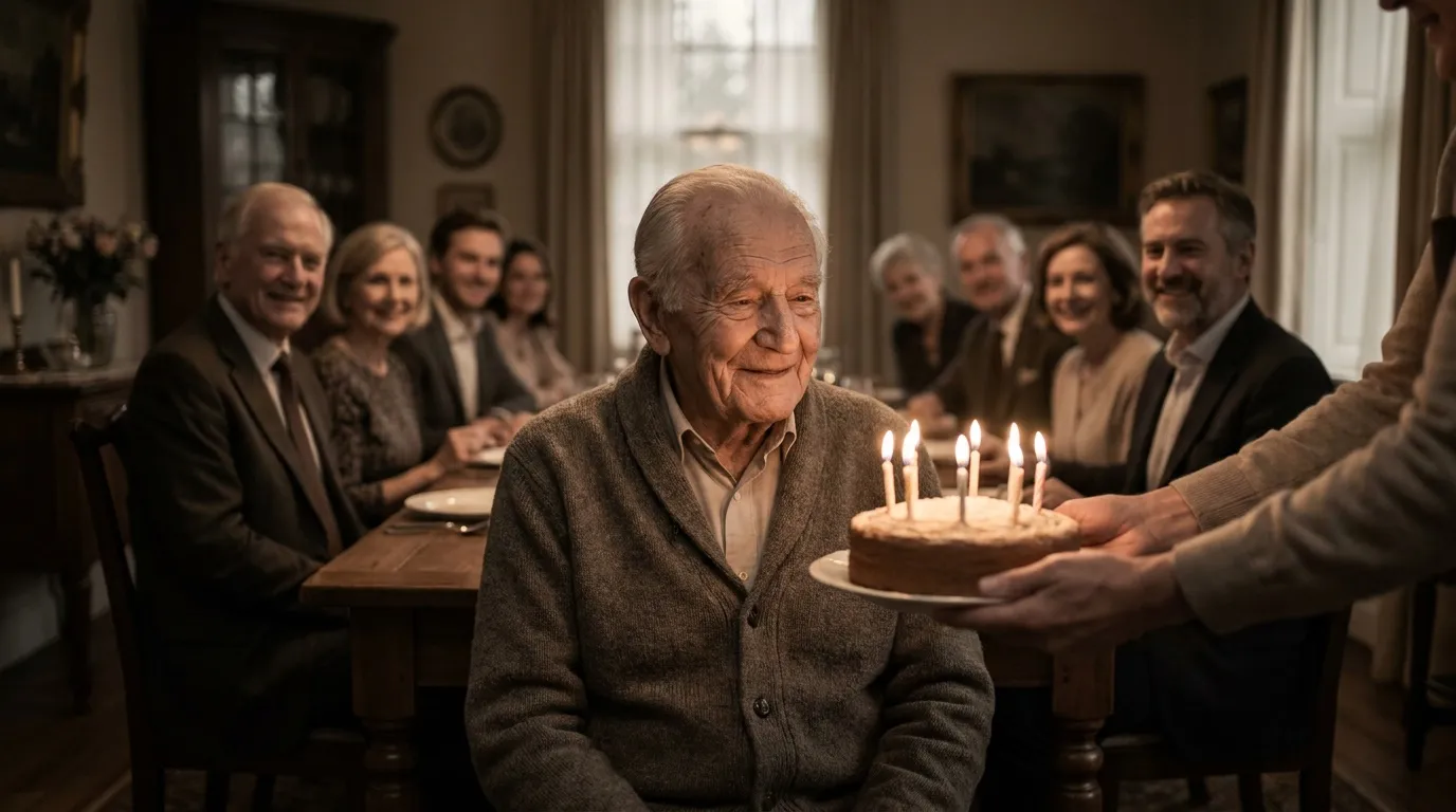 A man turning ninety smiling as a birthday cake is set down in front of him, family around the table