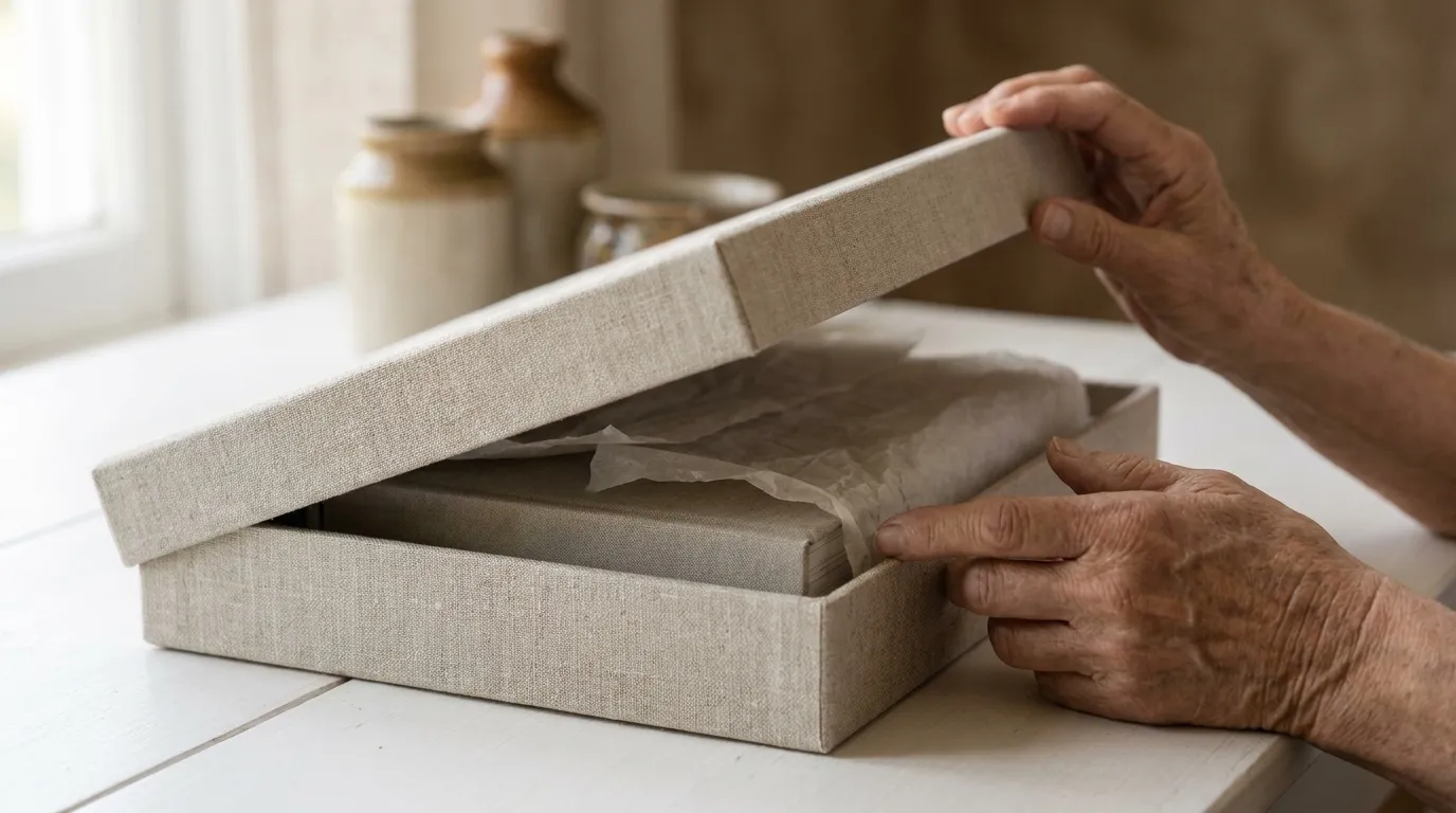Hands lifting the lid of a linen gift box with a hardcover book inside