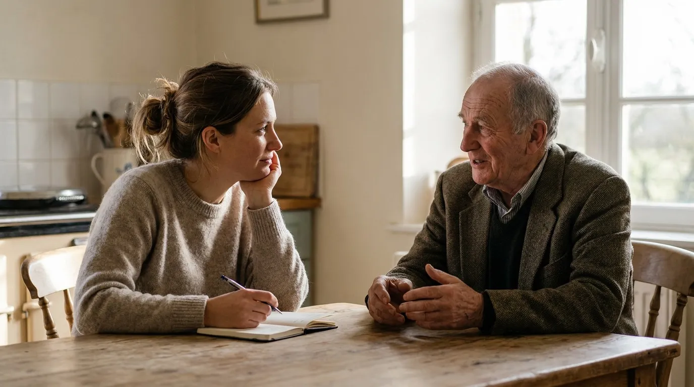 A woman listening closely to her father at a kitchen table, a notebook in front of her